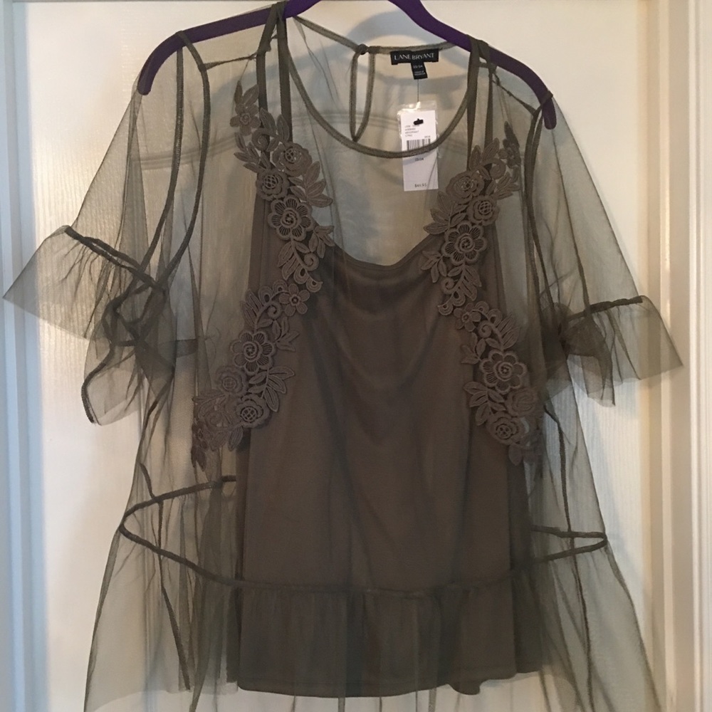 Olive 2-in-1 embroidered blouse w/ attached cami.